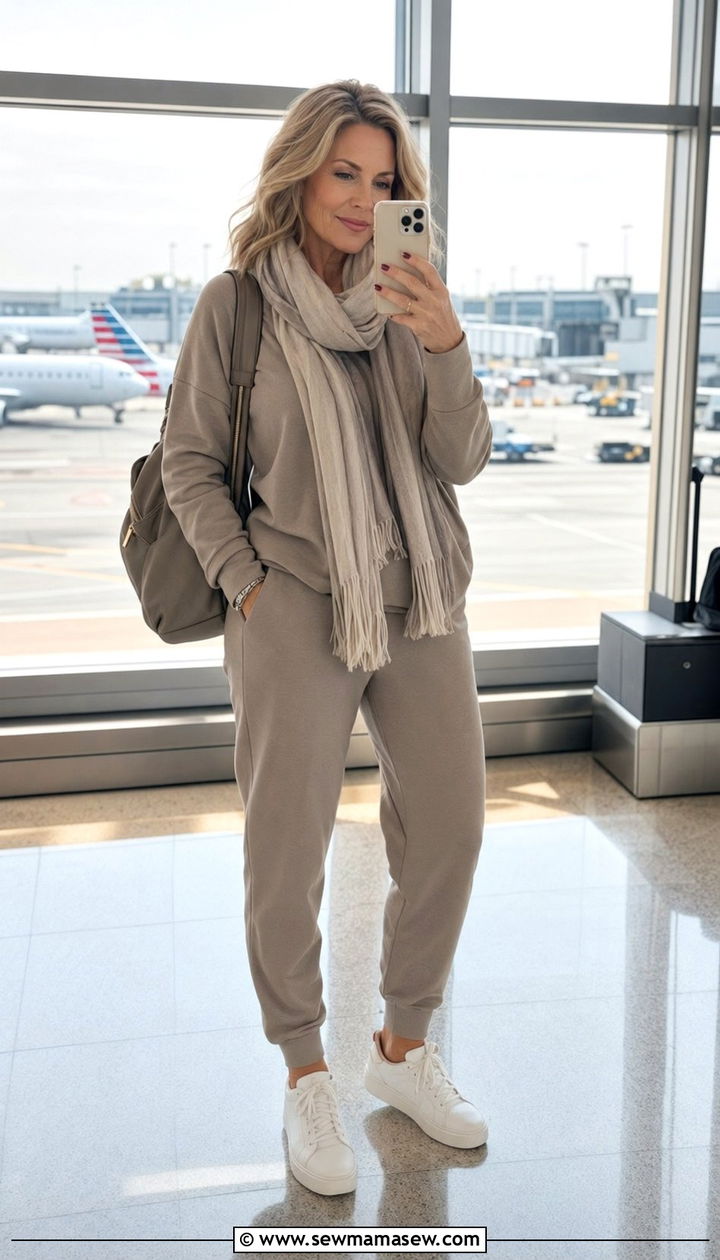 Matching Lounge Set With Clean Sneakers Airport Outfit - 35 Airport outfits for women over 40