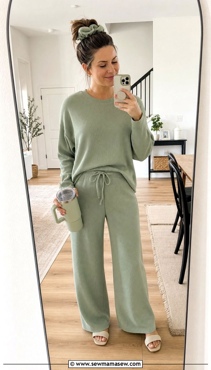 Matching Lounge Set With Slides - 25 Spring outfit ideas for postpartum women