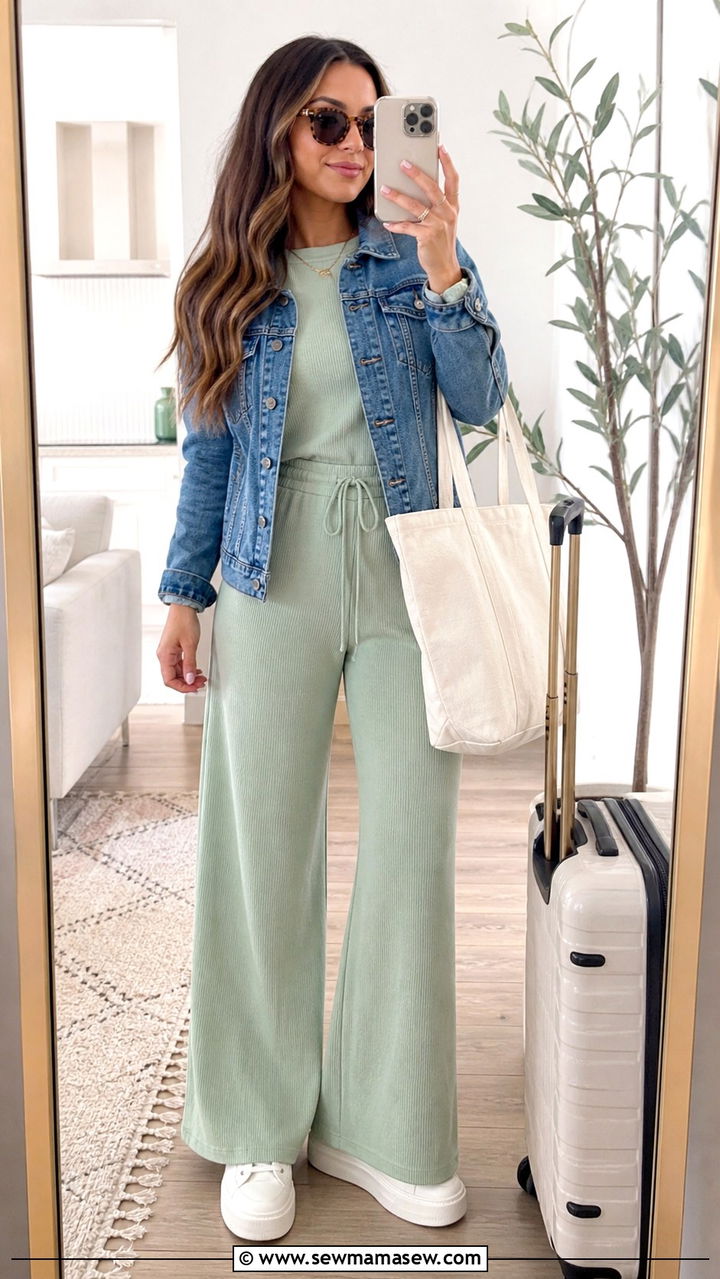 Matching Lounge Set with Denim Jacket - 40 Spring travel outfits