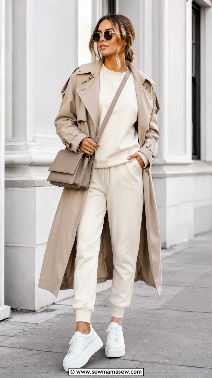 Matching Lounge Set with Trench Coat and Platform Sneakers - 30 transitional rainy day outfit ideas
