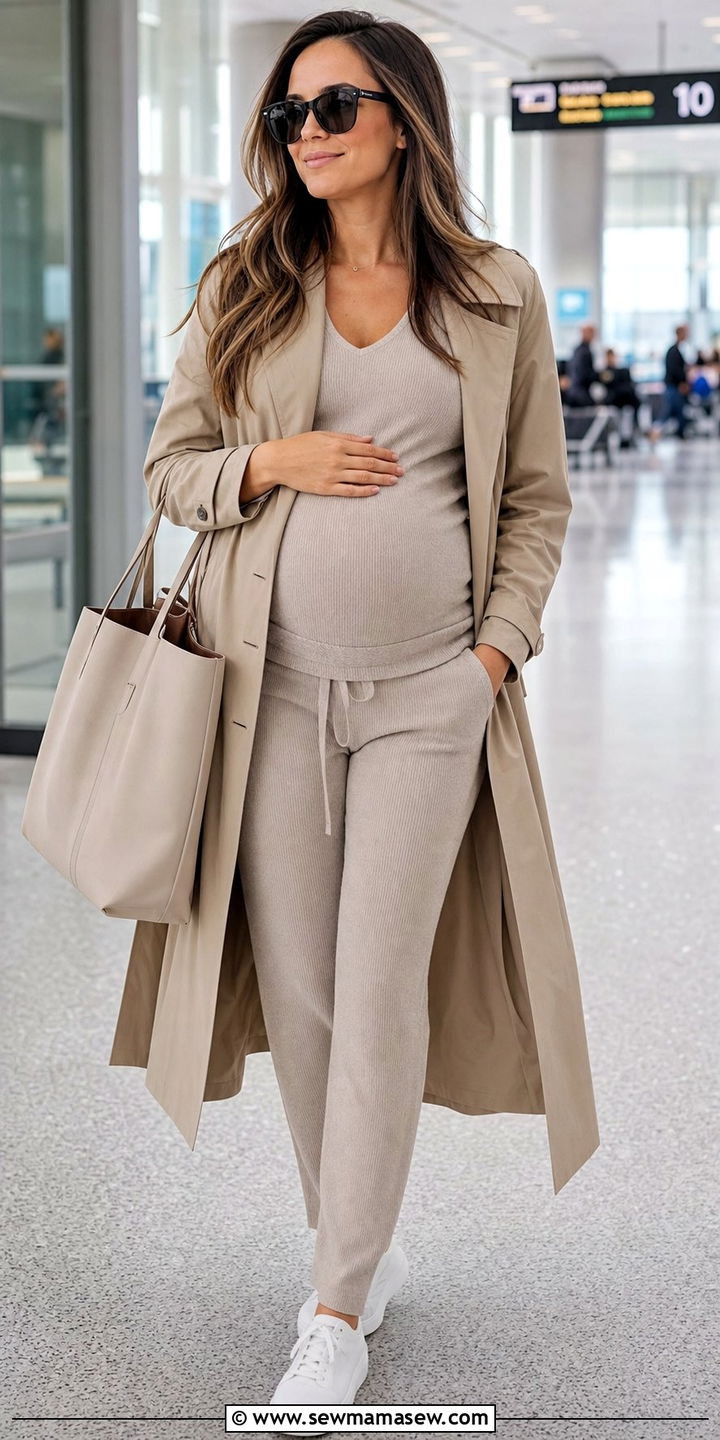 Matching Lounge Set with Trench Coat - 25 spring outfits for pregnant women