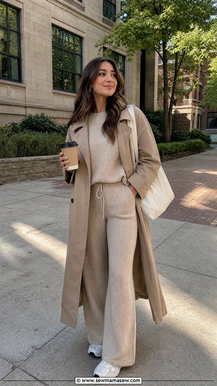 Matching Monochrome Knit Lounge Set with Trench Coat - 30 College outfit ideas cute 2026