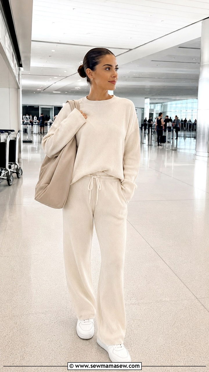 Matching Neutral Knit Lounge Set With White Sneakers - 25 Petite clean girl outfit ideas