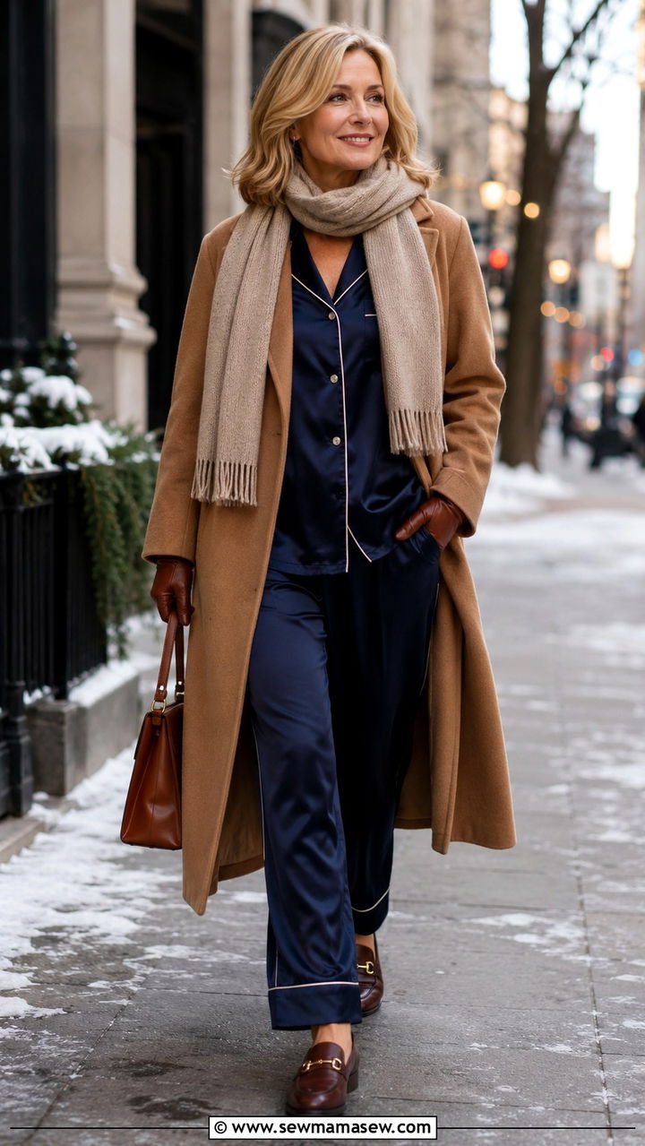 Matching Pajama Set With a Long Wool Coat and Loafers - 25 Pajama outfit ideas for women over 40