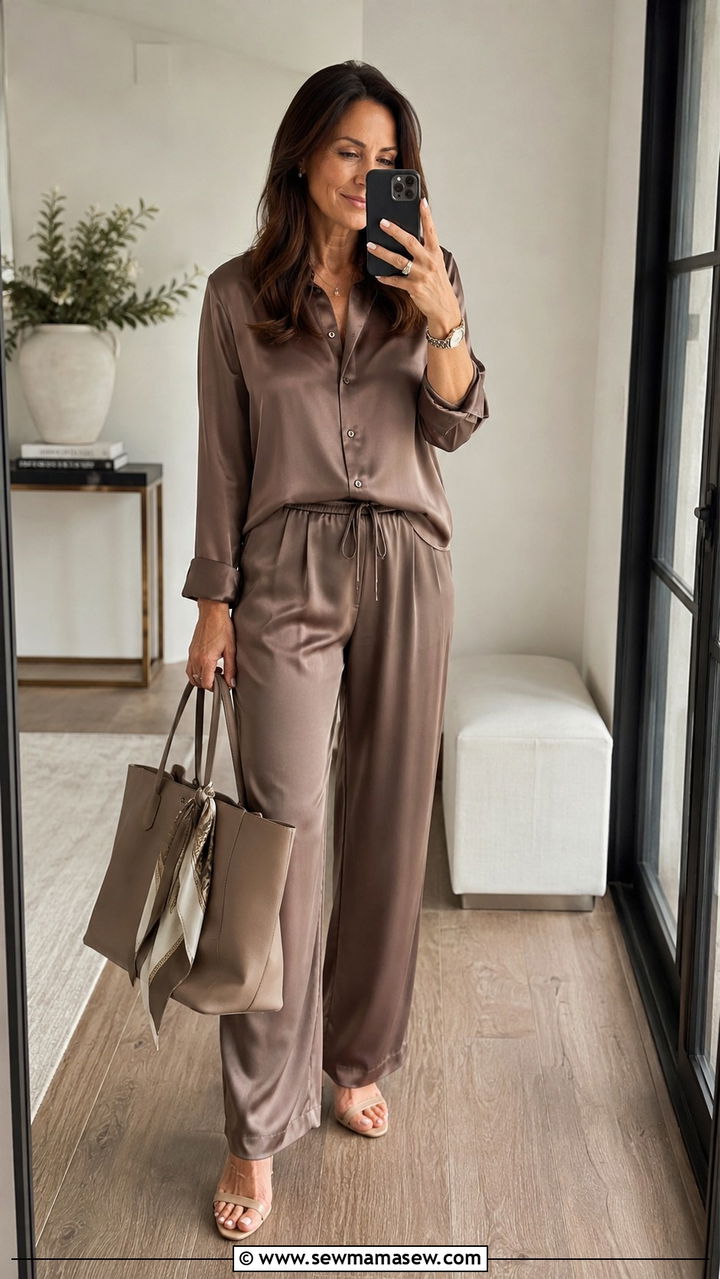 Matching Pajama Set With a Structured Tote and Kitten Heels - 25 Pajama outfit ideas for women over 40