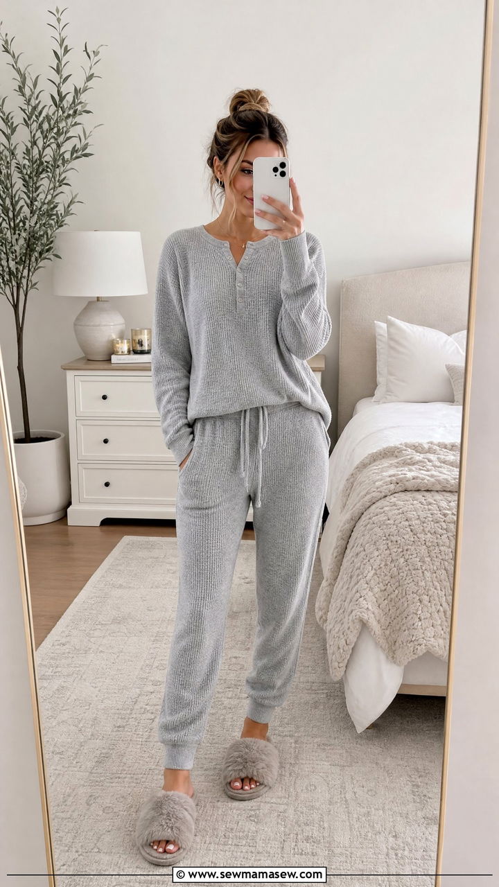 Matching Pajama Set with Fuzzy Slippers - 25 Matching pajama outfit ideas
