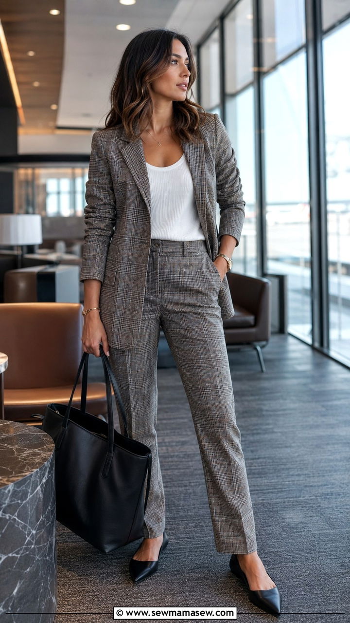 Matching Plaid Blazer And Trousers Travel Outfit - 25 Airport outfit ideas with matching set