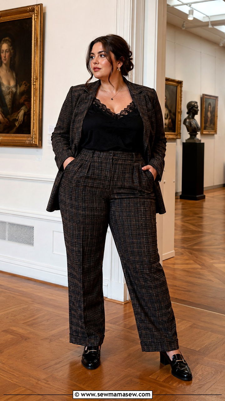 Matching Plaid Suit With Lace Camisole And Heeled Loafers - 20 Dark academia outfits for curvy women