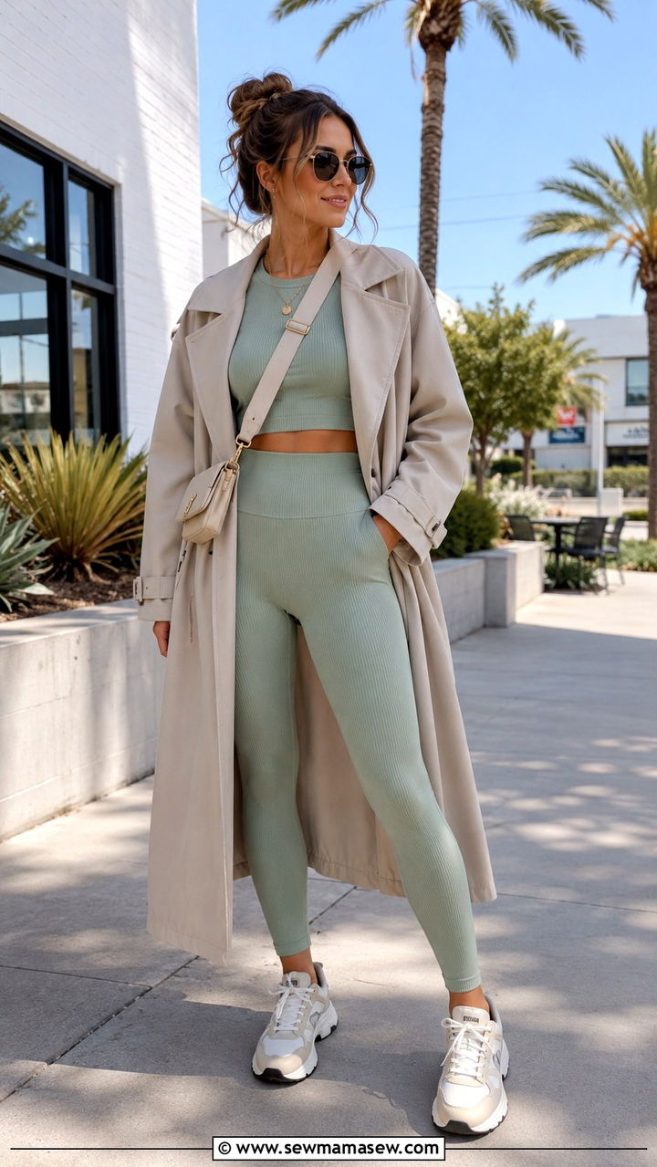 Matching Ribbed Athleisure Set With Trench Coat and Dad Sneakers - 30 Sporty spring outfit ideas