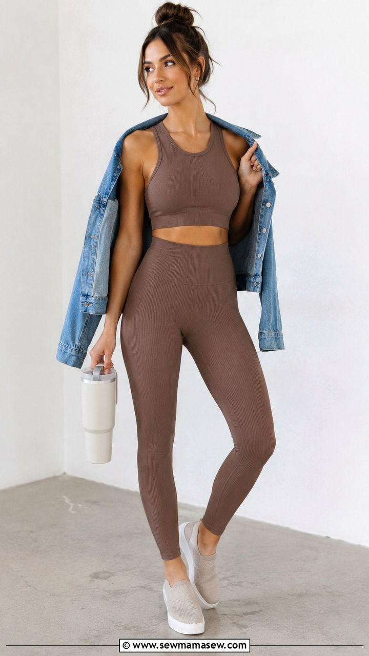 Matching Ribbed Crop Top And Leggings Set - 25 Yoga outfit ideas with crop top