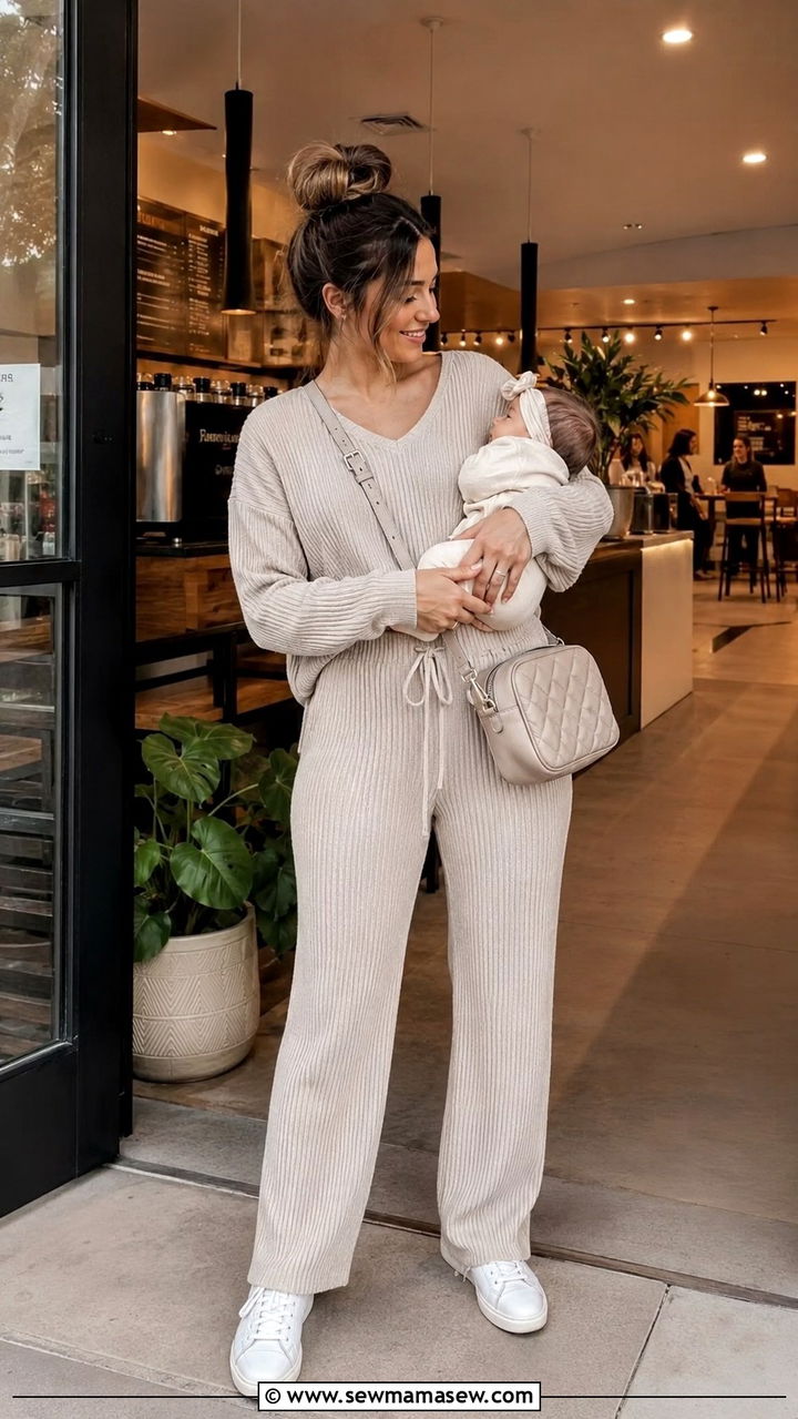 Matching Ribbed Knit Set With Sneakers Postpartum Evening Outfit - 25 Postpartum first night out outfit ideas