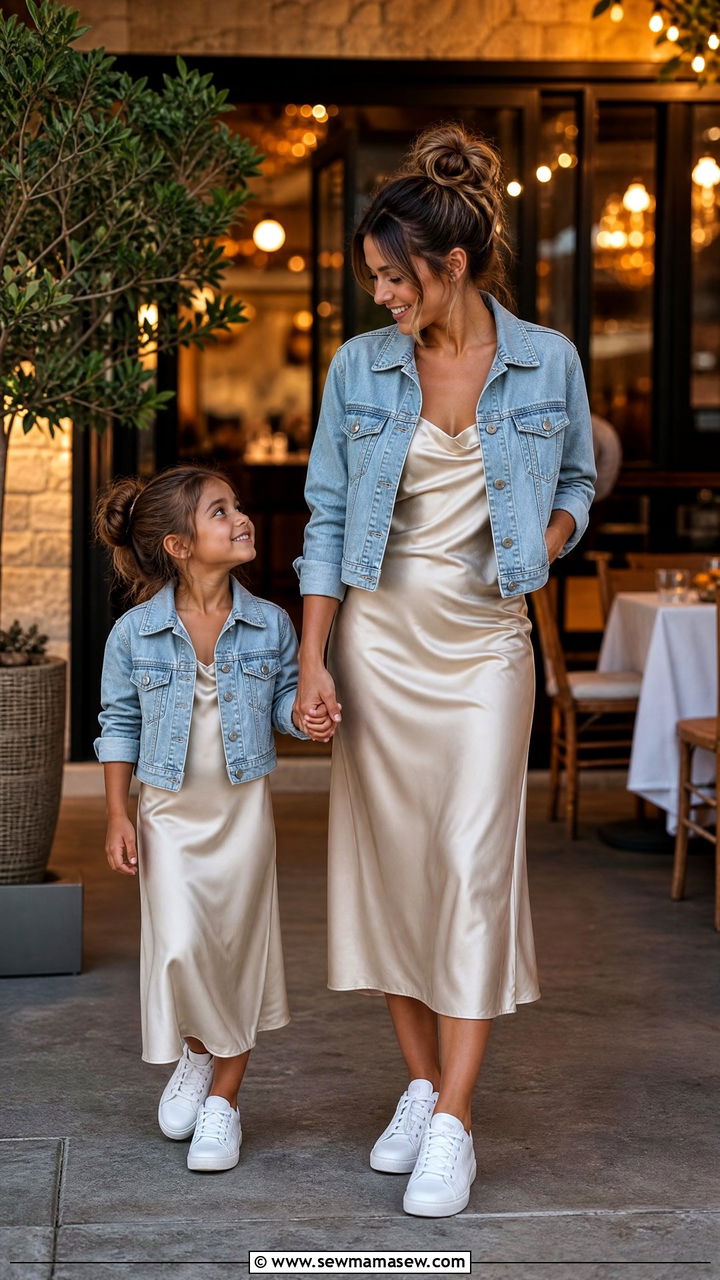 Matching Satin Slip Dresses With Denim Jackets - 30 Summer mother daughter outfits