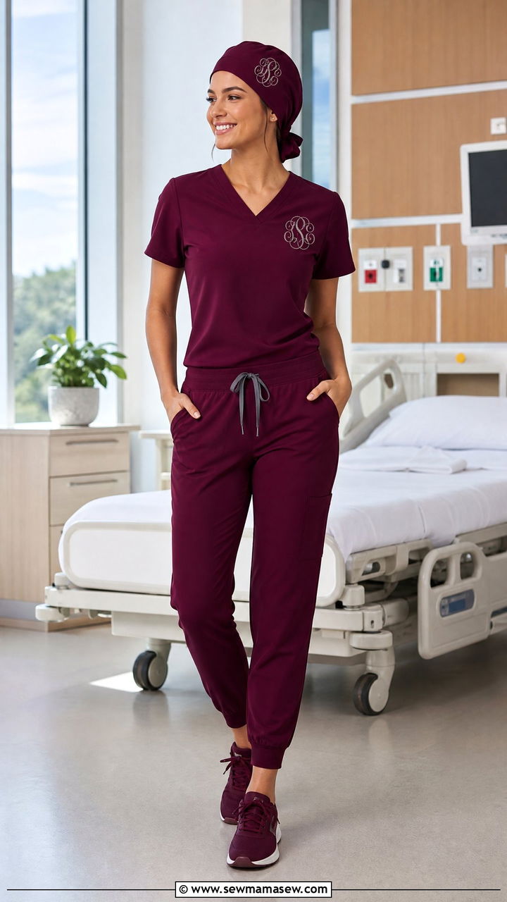 Matching Scrub Cap With Monogrammed Scrub Set - 30 ER nurse outfit ideas