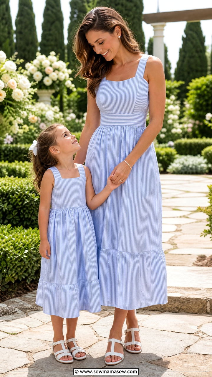 Matching Seersucker Dresses With Pearl Accessories - 30 Summer mother daughter outfits