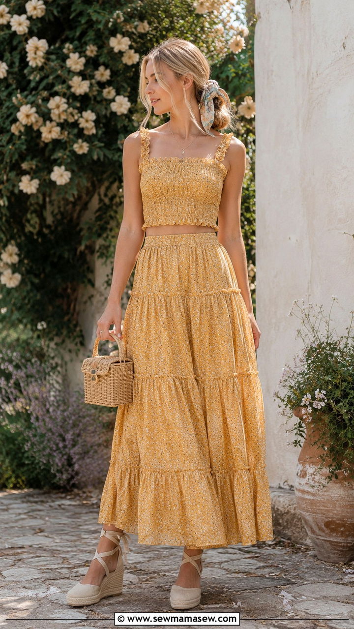 Matching Smocked Set With Espadrille Wedges - 20 Boho outfit ideas Dôen style