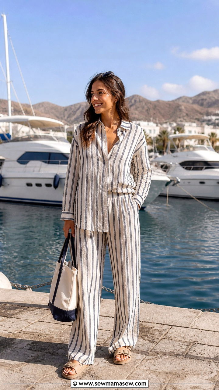 Matching Striped Co Ord Set With Slides Outfit - 40 Sharm El Sheikh outfit ideas