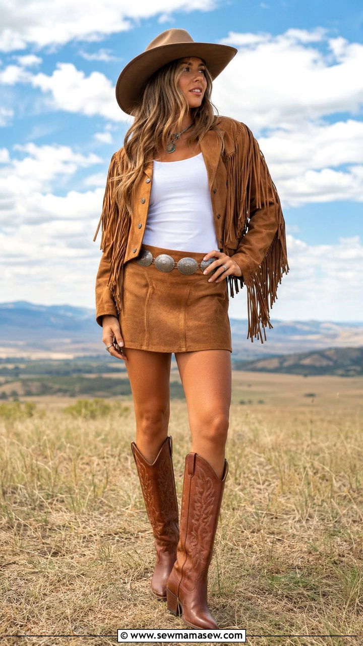 Matching Suede Vest And Skirt Set With Western Boots - 20 Western outfit ideas with suede skirt