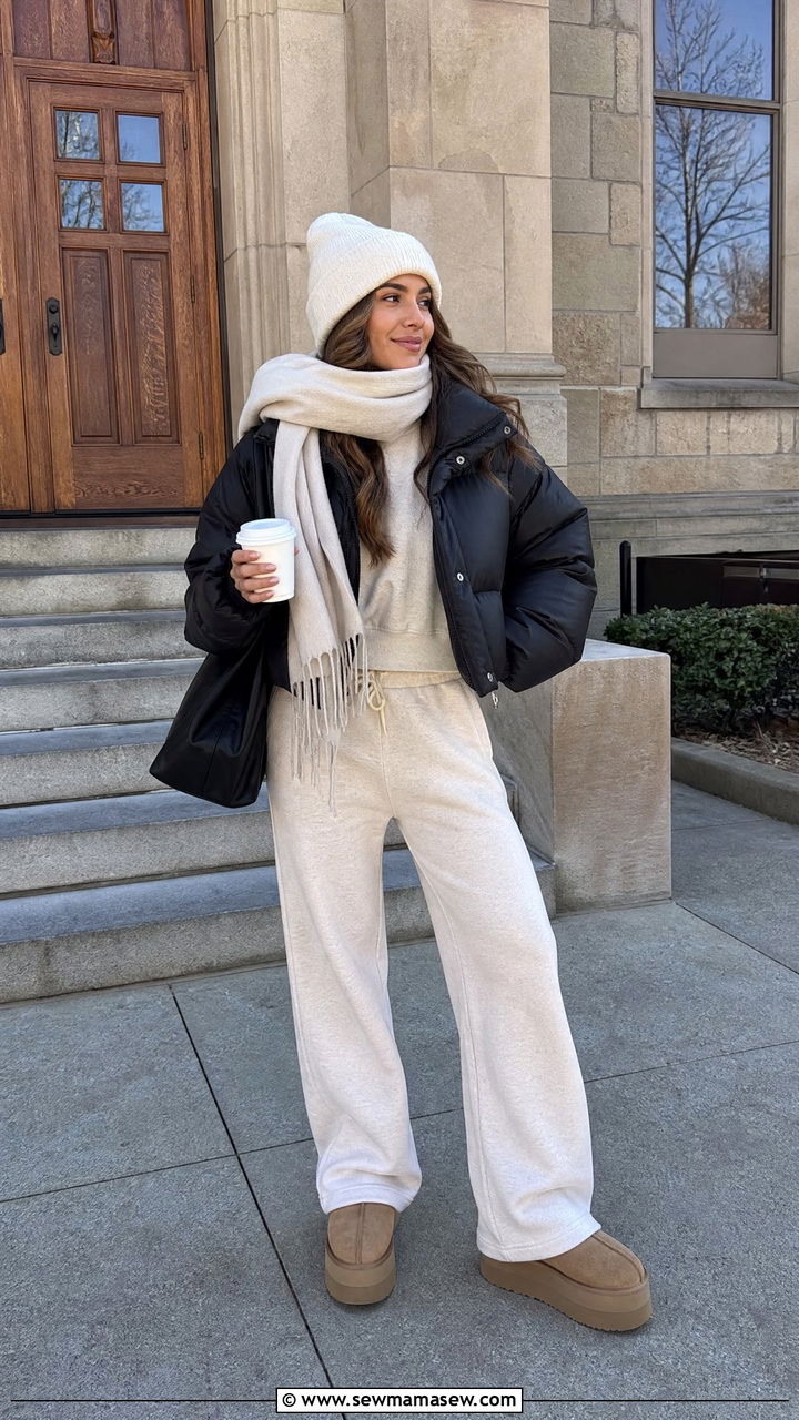 Matching Sweat Set With Puffer Coat Outfit - 30 College outfit ideas trendy 2026