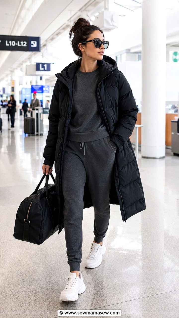 Matching Sweat Set With Puffer Jacket and Chunky Sneakers - 25 Airport outfit ideas for cold destination