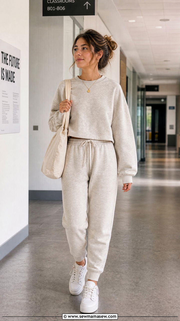 Matching Sweat Set with Platform Sneakers and Tote Bag - 30 College campus outfit ideas 2026