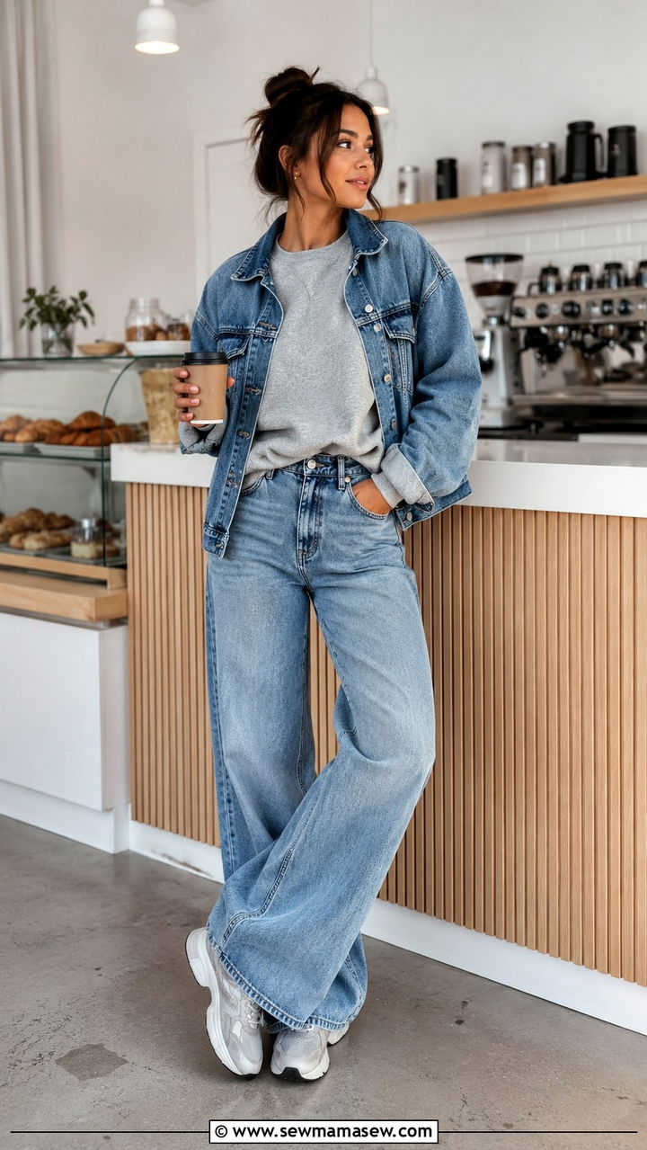 Matching Sweatshirt Set With Jeans Jacket And Sneakers - 30 Sporty chic outfit ideas with jeans