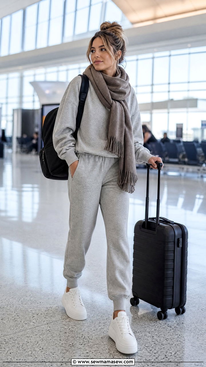 Matching Sweatsuit With Platform Sneakers Airport Outfit - 30 modest airport outfit ideas