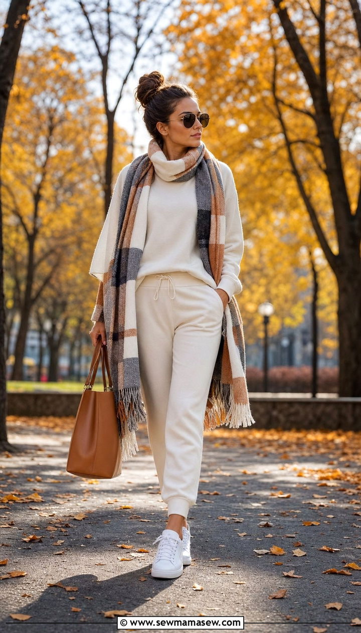 Matching Sweatsuit With Sneakers and Oversized Scarf - 25 Sporty chic outfit ideas walking