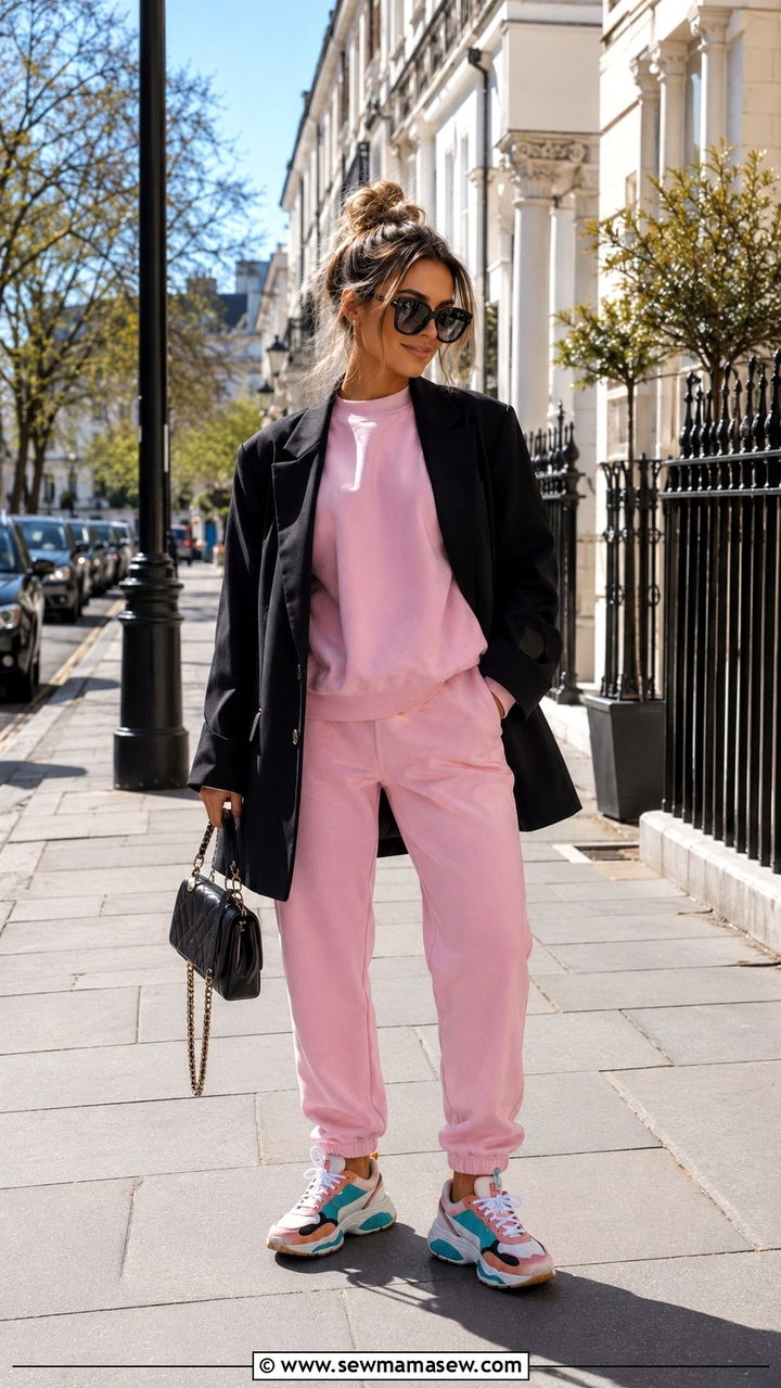 Matching Sweatsuit in Pastel Pink with Colorful Sneakers - 30 Loungewear outfit ideas spring