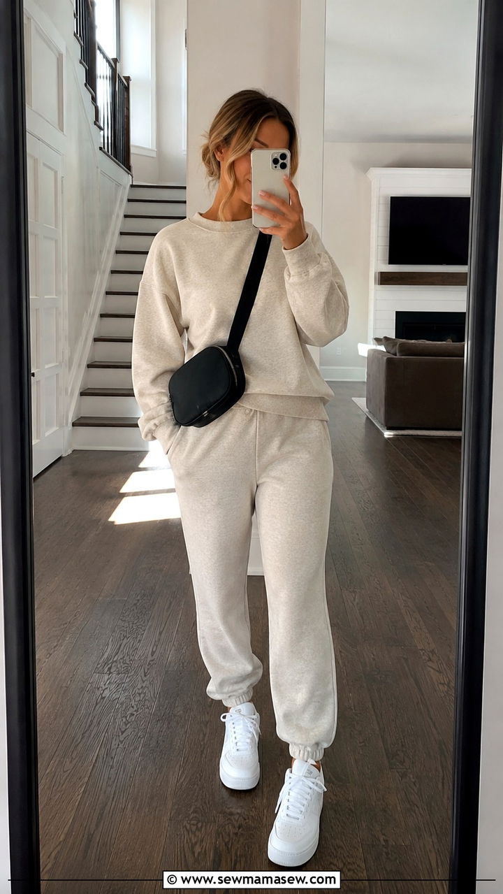 Matching Sweatsuit with Clean White Sneakers - 20 Summer outfits for 60 degree weather