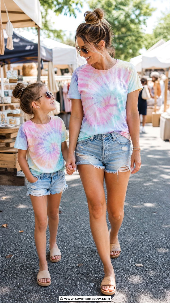 Matching Tie Dye Tees With Denim Cutoffs - 30 Summer mother daughter outfits