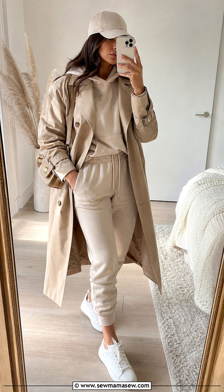 Matching Tracksuit With Trench Coat and Sneakers - 25 Sporty chic outfit ideas walking