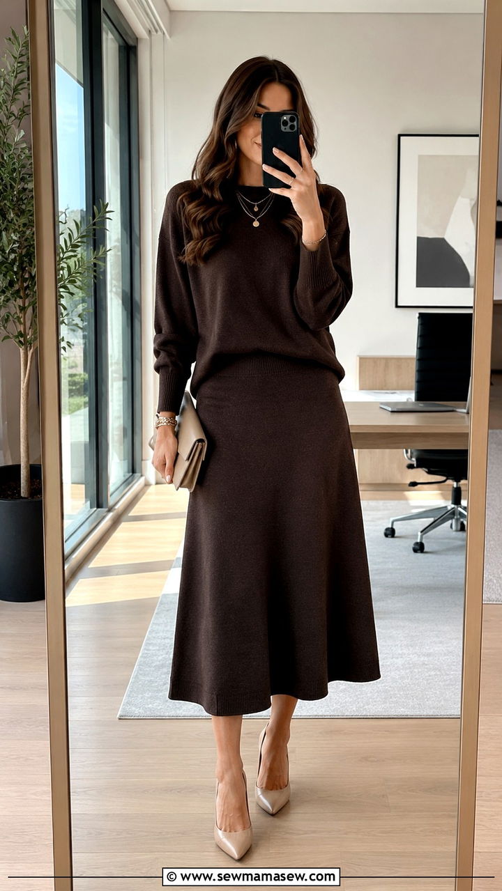Matching Two Piece Knit Set with Nude Pumps - 20 Work outfits to hide belly fat