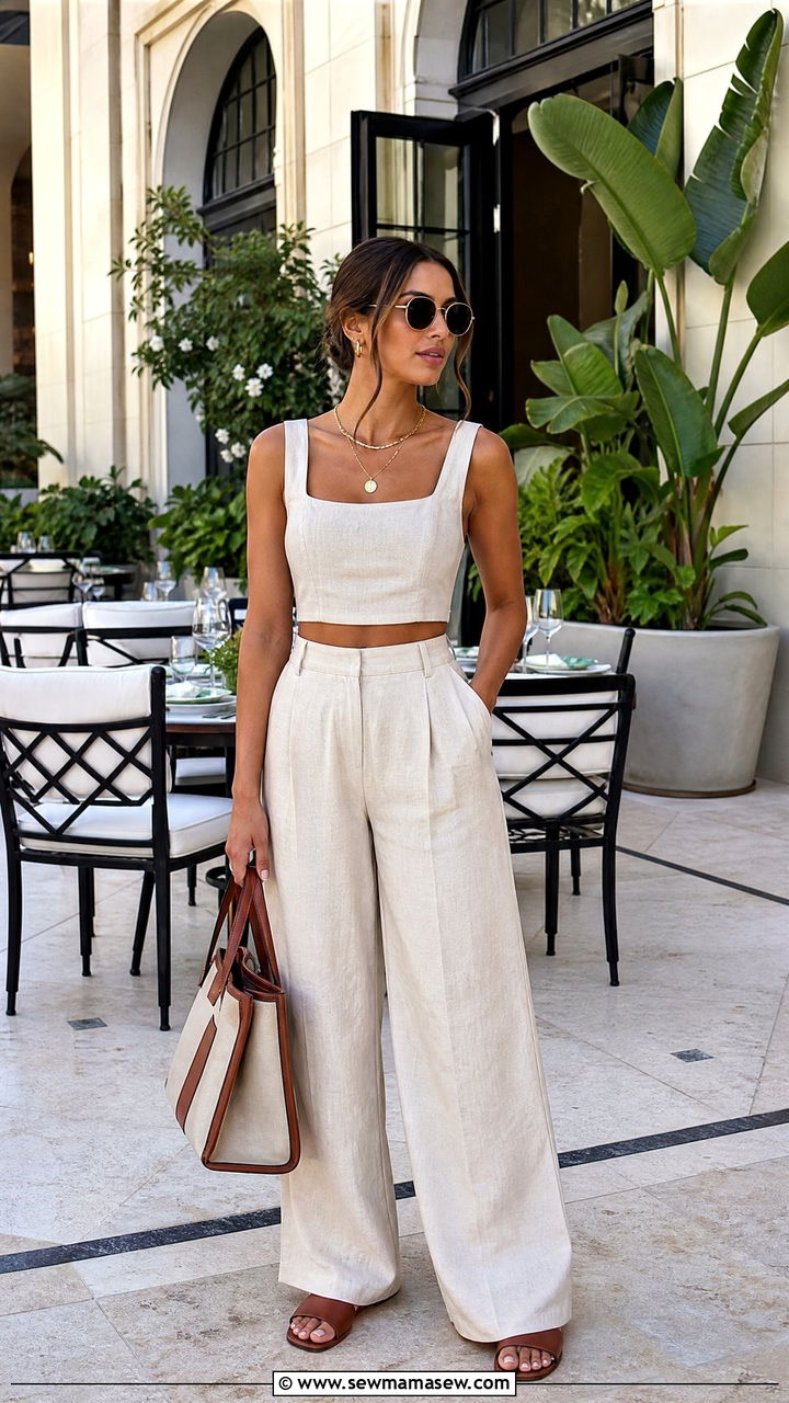 Matching Two Piece Linen Set with Slides - 40 Las Vegas outfit ideas