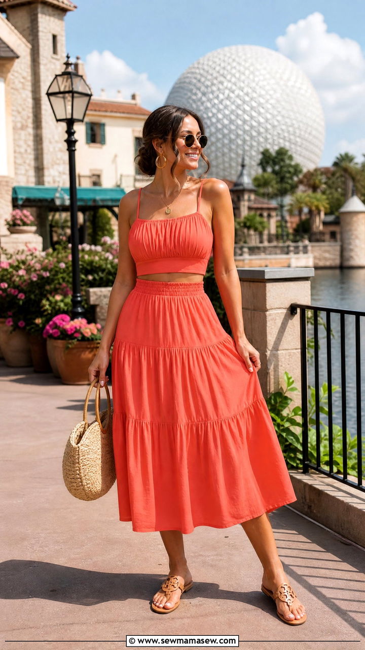 Matching Two Piece Set With Sandals And Straw Bag - 40 Disney trip outfit ideas