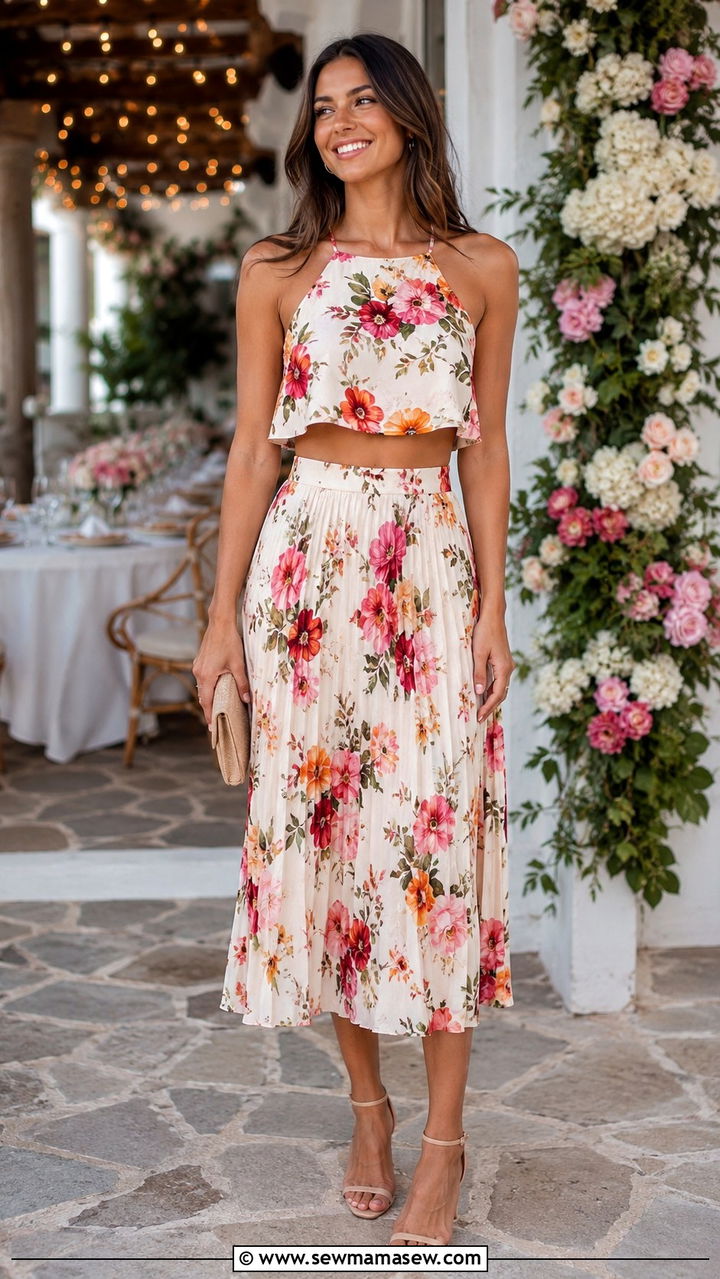 Matching Two Piece Set with Pleated Skirt and Crop Top - 30 Pleated skirt outfit ideas for summer