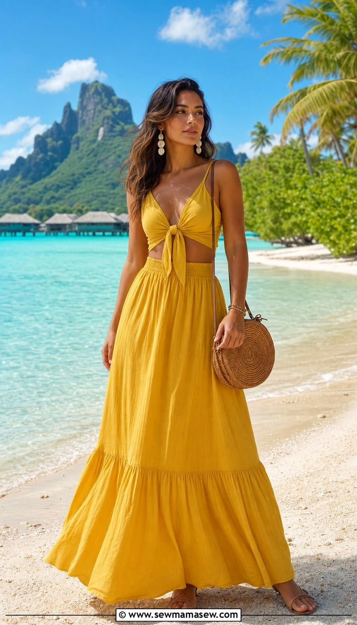 Matching Two Piece Set with Woven Bag for Bora Bora - 35 Bora Bora outfit ideas