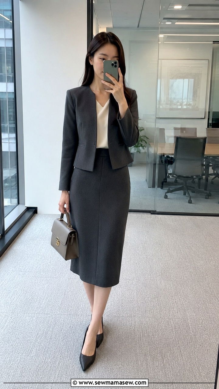 Matching Two Piece Skirt Set with Tailored Blazer - 30 Modest outfit ideas for working mom