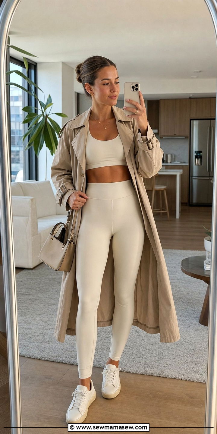 Matching Yoga Set With Trench Coat - 25 Sporty chic outfit ideas yoga