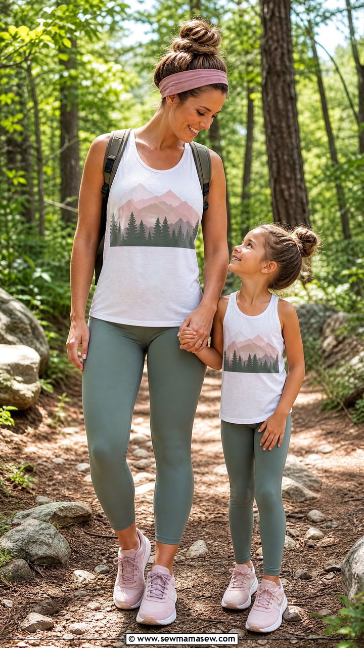 Matching athletic tank and legging with running sneakers outfit - 30 Summer mommy and me outfits