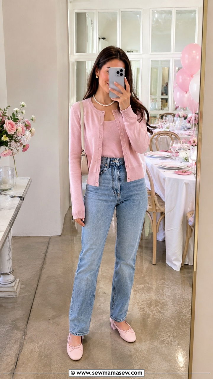 Matching cardigan set with straight leg jeans and ballet flats - 30 preppy outfits for women