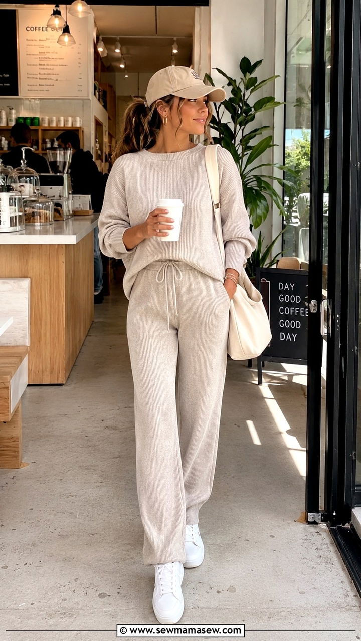 Matching co ord set with sneakers - 25 Petite outfit ideas for brunch