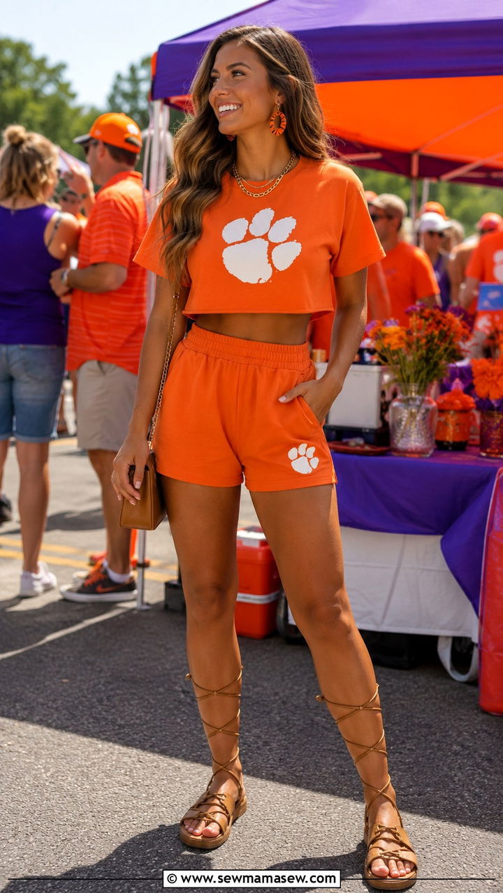 Matching crop top and shorts set Clemson - 20 Gameday outfit ideas Clemson