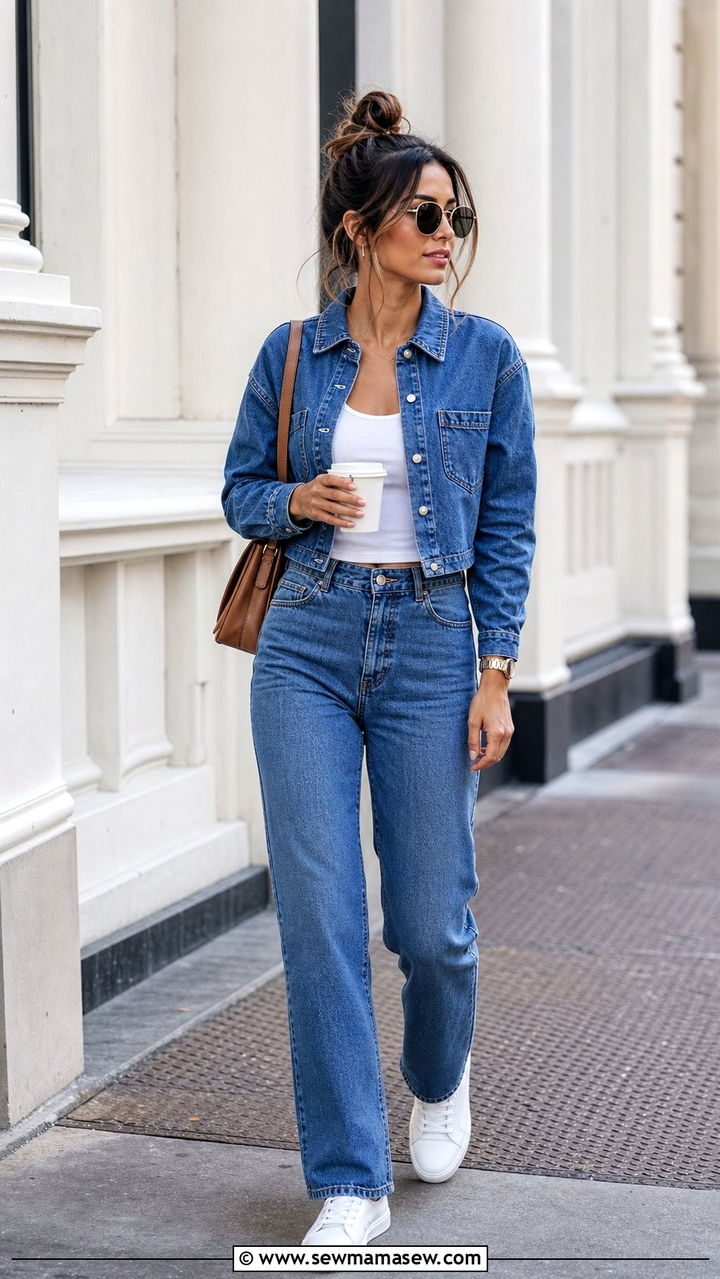Matching denim co ord set with low profile sneakers - 25 Double denim outfit ideas petite