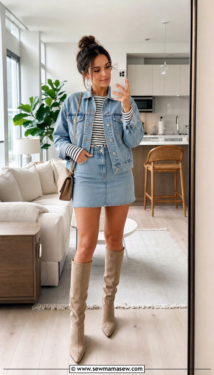 Matching denim jacket and mini skirt set - 25 Double denim outfit ideas petite
