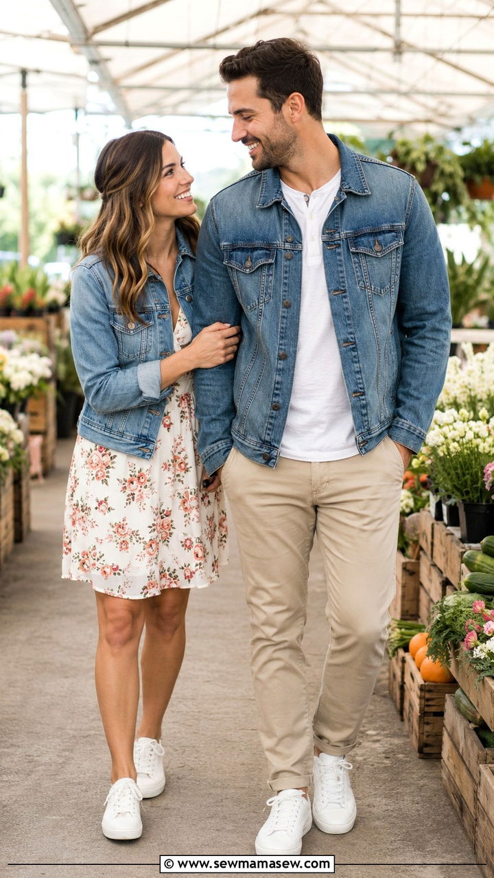 Matching denim jackets casual couple outfit - 30 Save the date photo outfit ideas