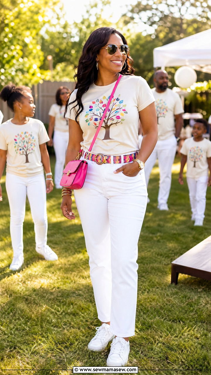 Matching family reunion t shirts and white jeans - 35 Family reunion outfit ideas