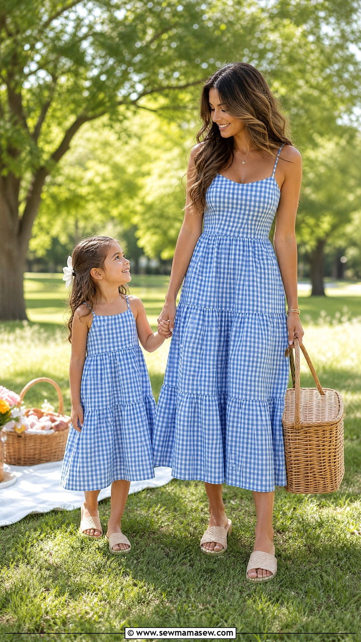 Matching gingham print dress with flat mules outfit - 30 Summer mommy and me outfits