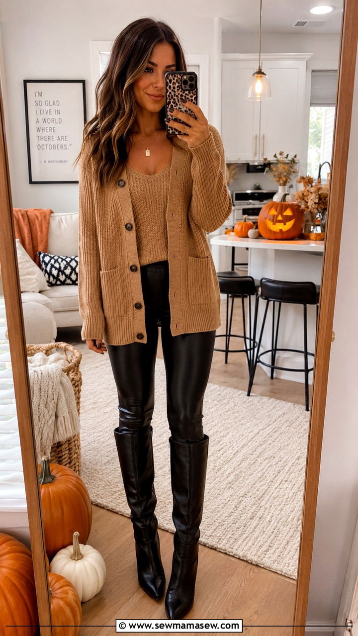 Matching knit cardigan and top with faux leather leggings and knee boots - 30 Pumpkin carving party outfit ideas
