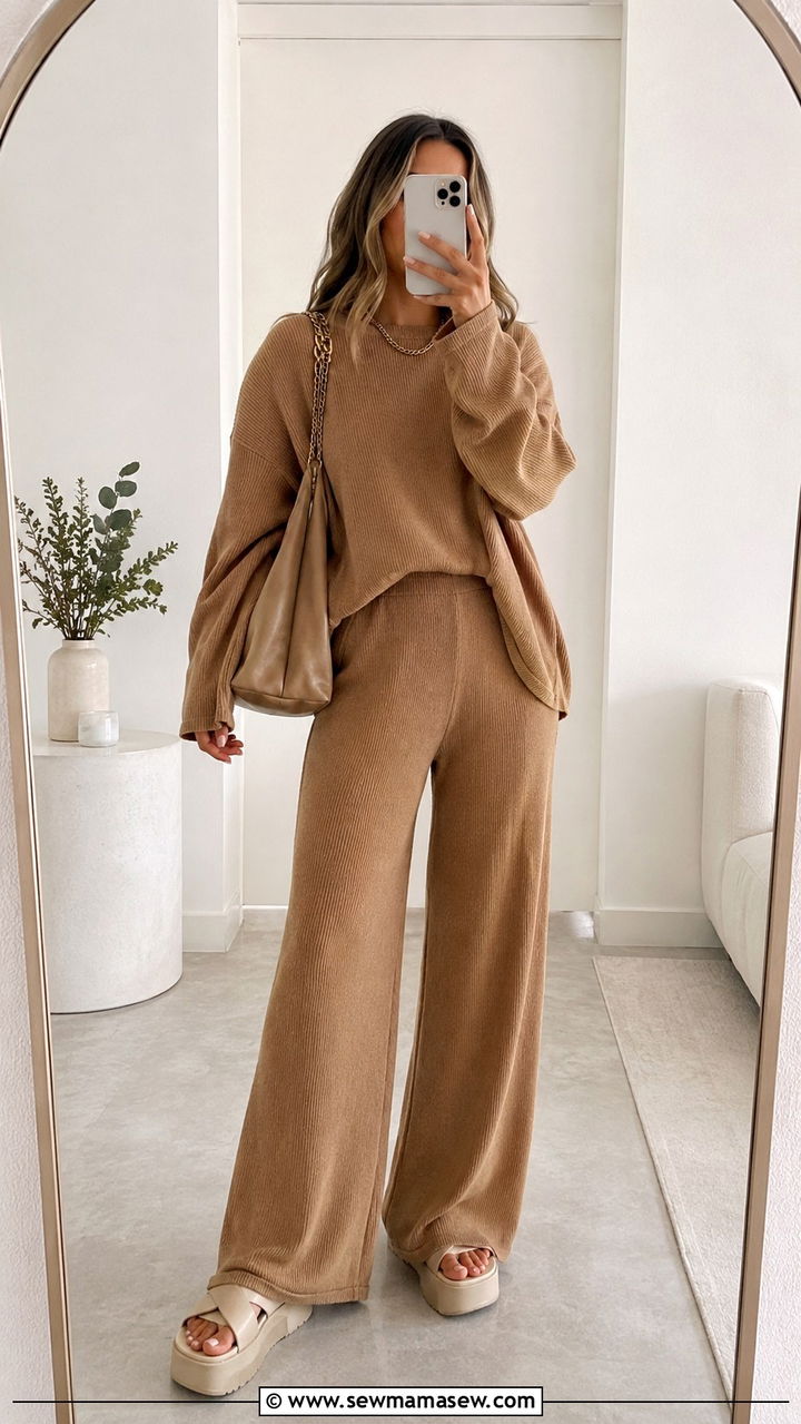 Matching knit co ord set with platform slides - 20 Outfit ideas for belly after C section