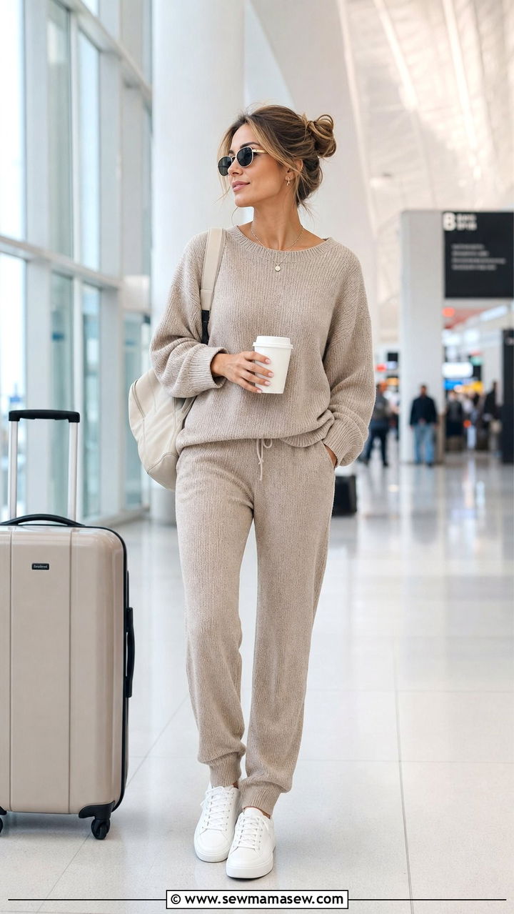 Matching knit co ord set with white sneakers - 25 Empty nester outfit ideas